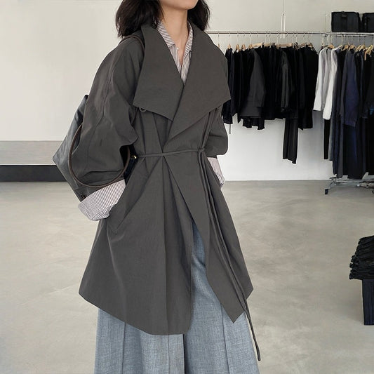 【アウター】春 秋 テーラードカラー ベルト付き ディアムロング丈 トレンチコート【JZシリーズ】