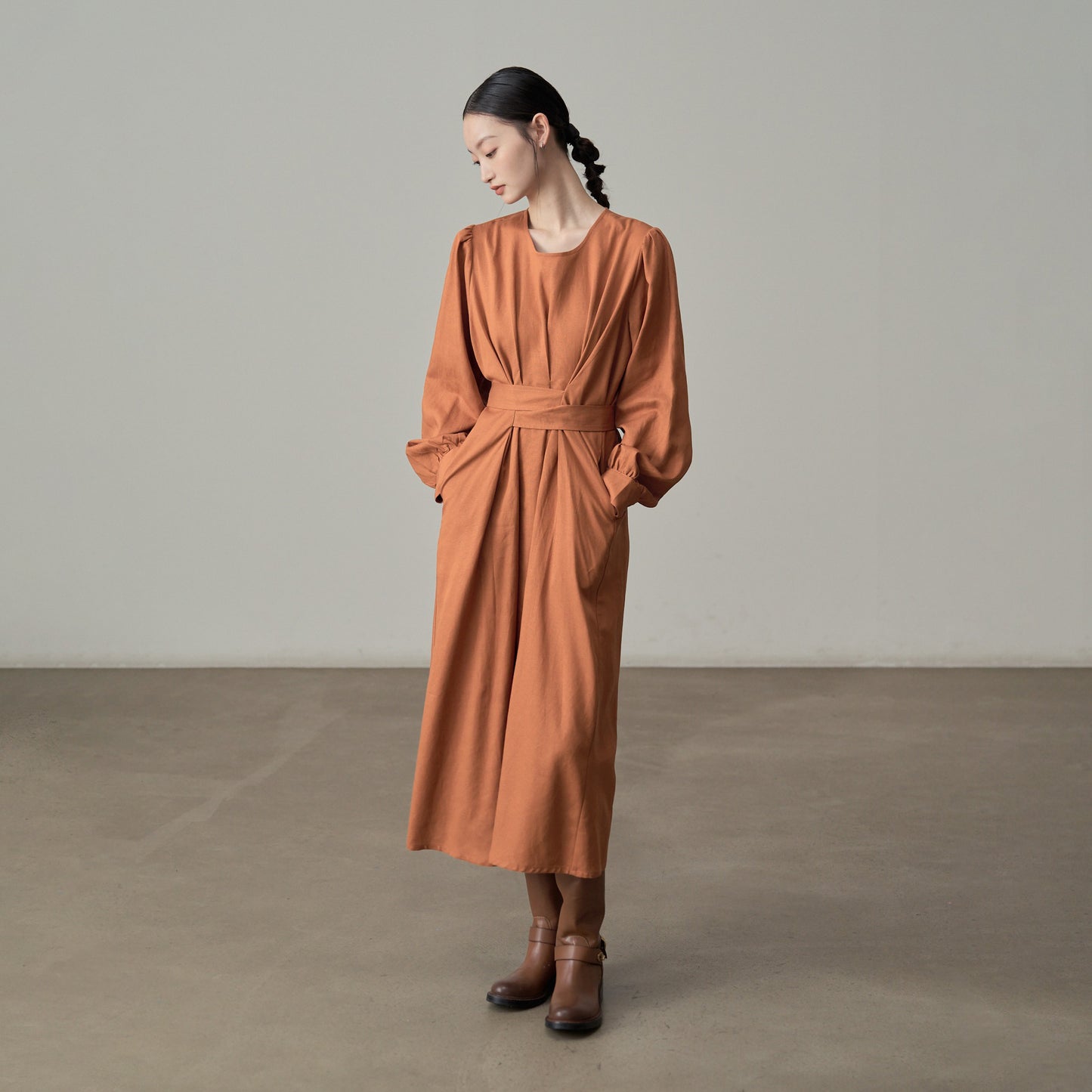 【ワンピース】フレンチレトロ風 オレンジリボン長袖ワンピース レディース ウエストシェイプ ロング丈【JZシリーズ】