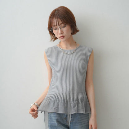 【トップス】接触冷感  透かし編み 切り替え ノースリーブ ニット トップス レディース 夏 ストレッチ 体型カバー きれいめ【JZシリーズ】