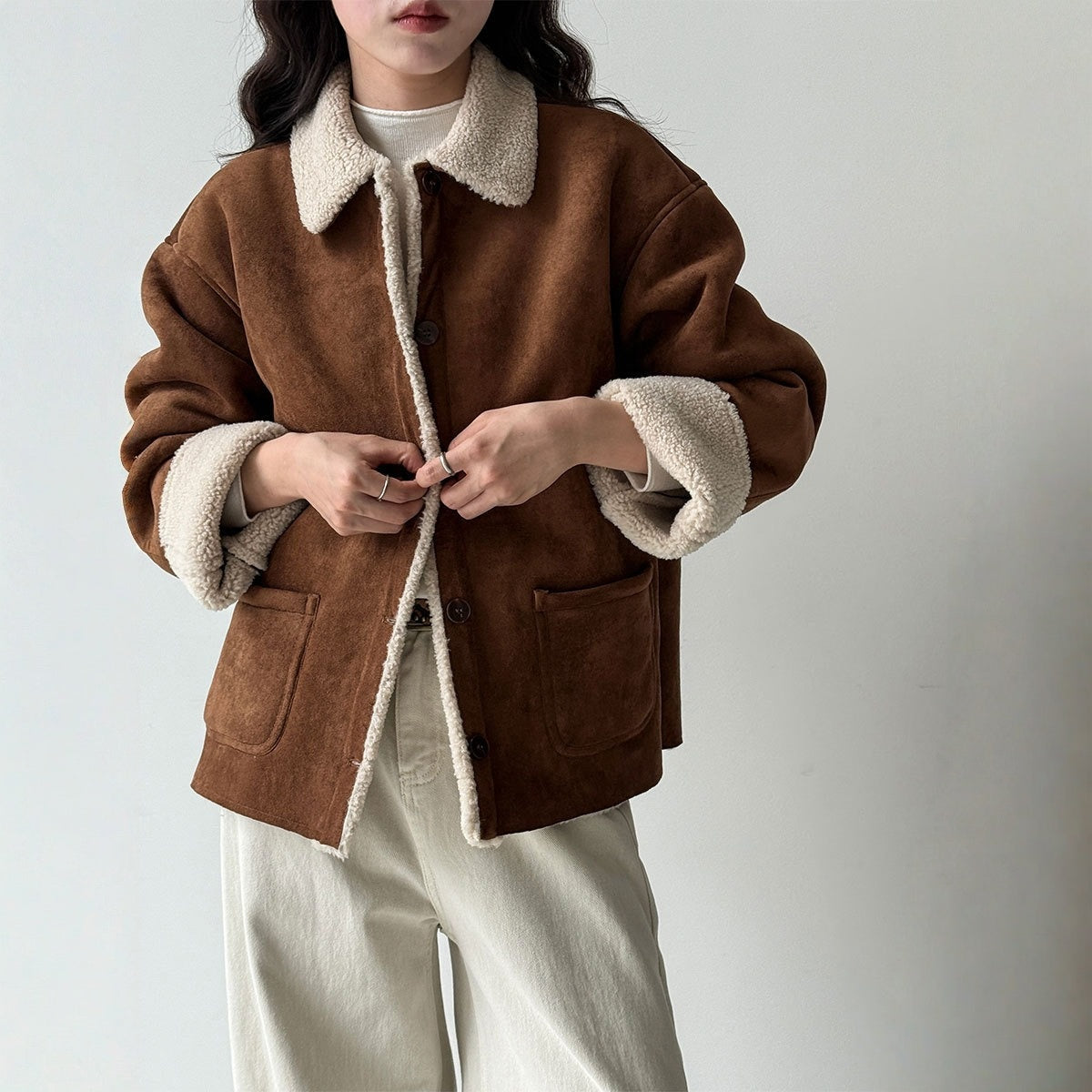 【アウター】春 秋 冬 ムートン風 折り襟 シープボア スエード調 ジャケット 【JZシリーズ】