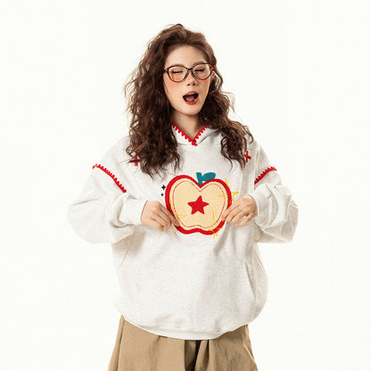 【トップス】ヴィンテージ調 りんごモチーフ刺繍 フードパーカー 秋 男女兼用 ゆったり カジュアル【FCシリーズ】