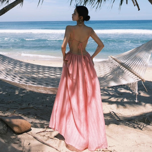 【ワンピース】【リゾートに】フレンチ ノースリーブワンピース｜ビーチドレス 海辺 2026新作｜甘め 映え ロング丈 フェミニン