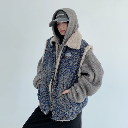 【トップス】💙レトロ感漂う！ヴィンテージデニム×ボアベスト✨韓国風 レディース アウター 秋冬 トレンド【FCシリーズ】