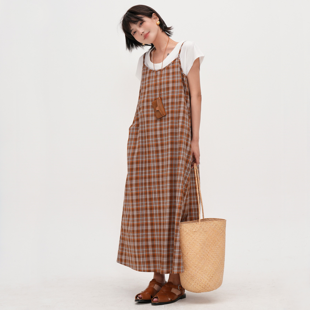 【ワンピース】【15～18日内発送】夏 レトロチェック柄 リボン付き ベスト ノースリーブ ワンピース 【JZシリーズ】