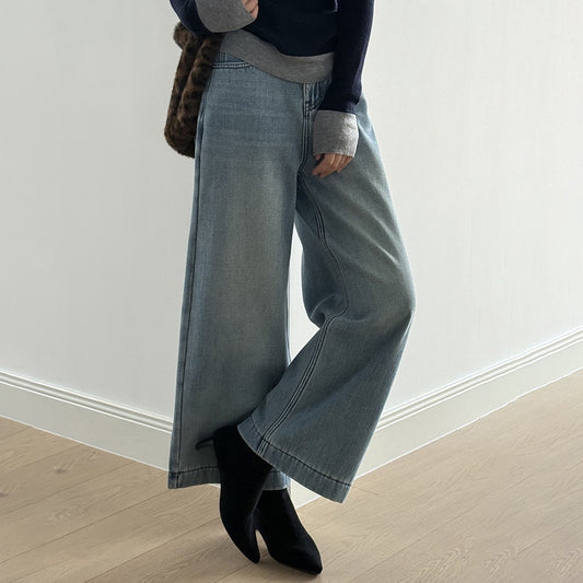 【ボトムス】ベルト付き！韓国風 ハイウエスト 裏起毛 ストレートデニムパンツ 冬 新作 ゆったりワイド カジュアル 【JZシリーズ】