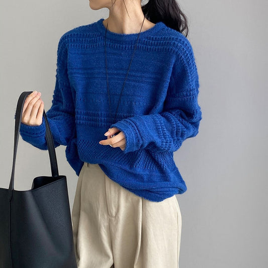 【トップス】美白見え 韓国風 ニットトップス レディース 透かし編み クルーネック ゆったり カジュアル着回し【JZシリーズ】