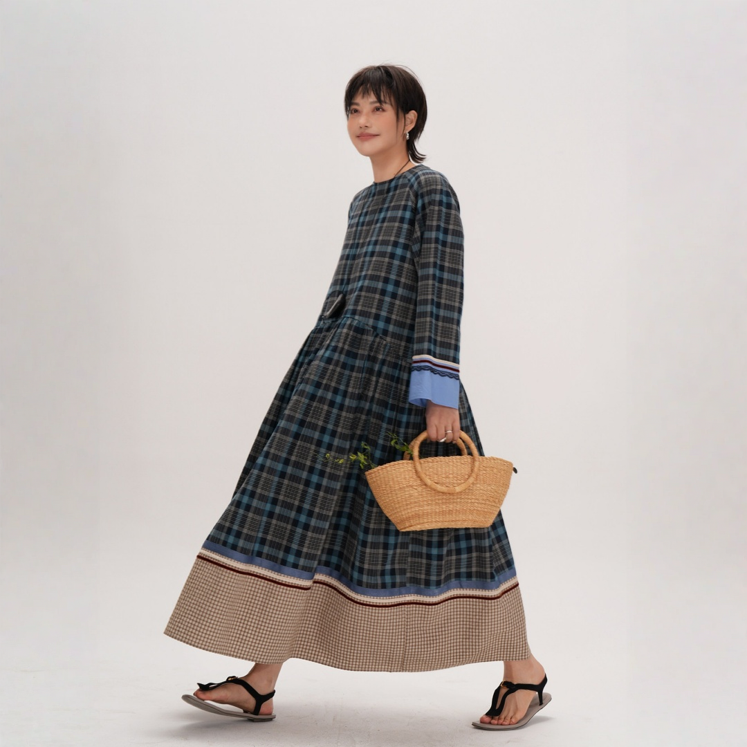 【ワンピース】レトロチェック柄 ナチュラル文芸風 クルーネック 長袖 ワンピース 【JZシリーズ】