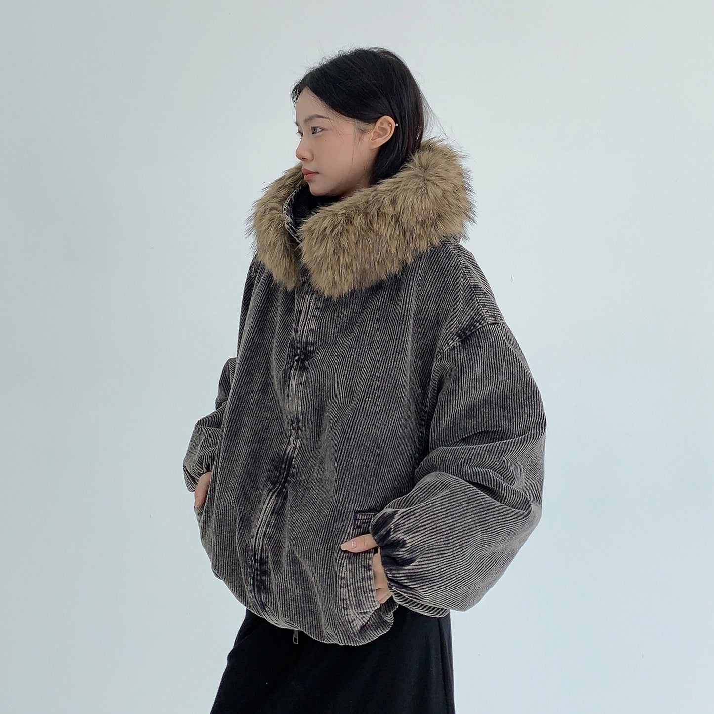 【アウター】春 秋 冬 ウォッシュド コーデュロイ 厚手 フード付き ファーフード 中綿 ジャケット 【FCシリーズ】