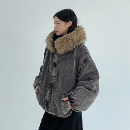 【アウター】春 秋 冬 ウォッシュド コーデュロイ 厚手 フード付き ファーフード 中綿 ジャケット 【FCシリーズ】