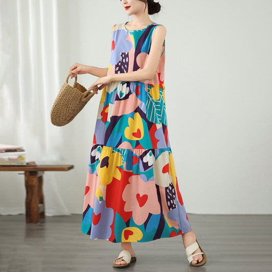 期間限定⭐60%OFF【ワンピース】お腹カバー ワンピース ロング 夏 ノースリーブ 花柄 フレア 裾揺れ 大人の大きいサイズ 部屋着 外出 シンプル マキシ丈 20代 30代 40代【SHシリーズ】