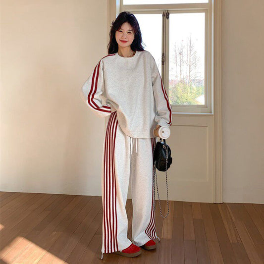 【セットアップ】レッド ストライプ スウェット セットアップ レディース ワイドパンツ ゆったり カジュアル 学院風 2点上下セット【JZシリーズ】