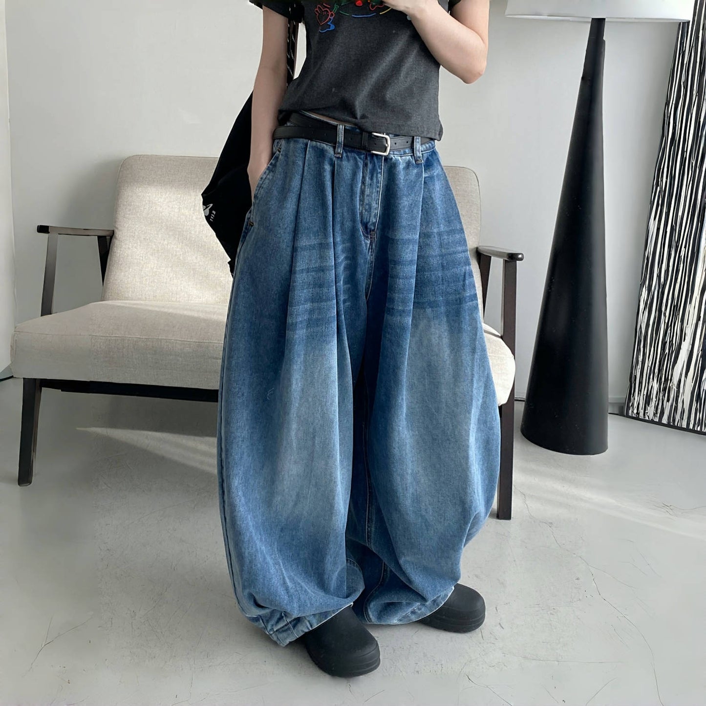 【ボトムス】春 秋 夏  ハイウエスト レトロ ゆるリラックス デニム パンツ  【FCシリーズ】