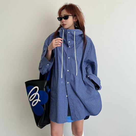 【アウター】春秋 ファッション チェック柄 フード付き ゆったり シャツカーディガン【FCシリーズ】