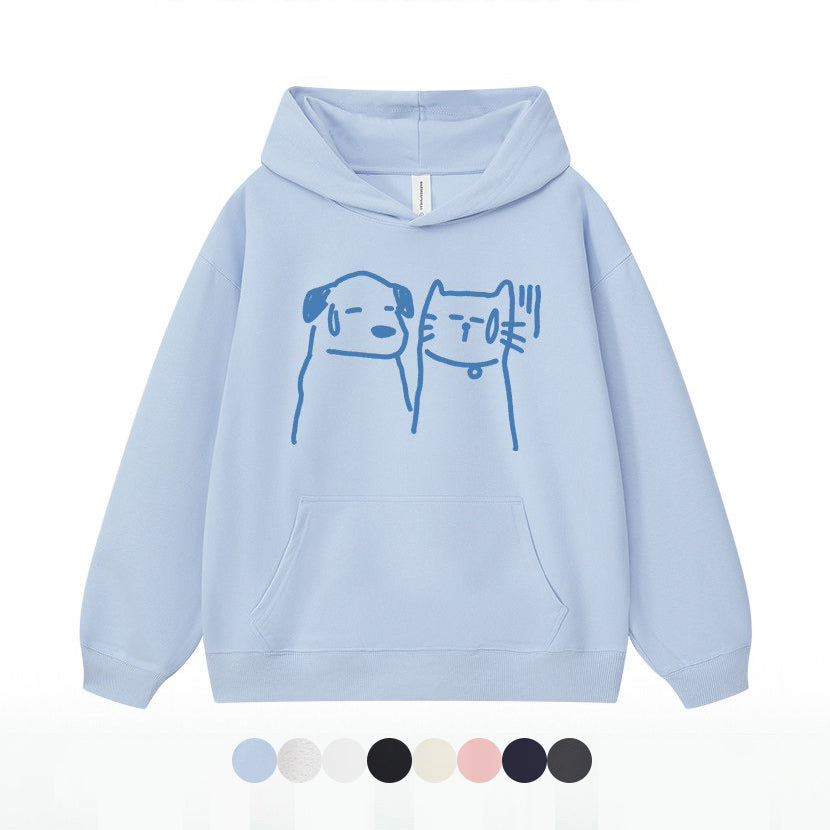 8カラー | S~3XL【トップス】猫犬イラスト 手描き風アメリカンプリント ヘビーウェイト フードパーカー ユニセックス ペアOK【FCシリーズ】