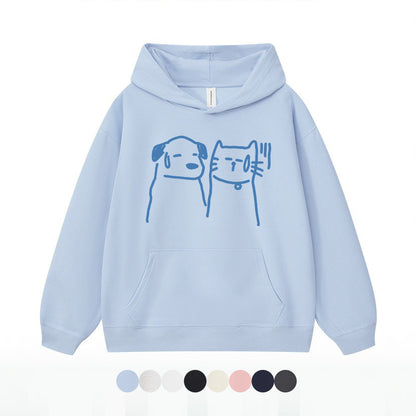 8カラー | S~3XL【トップス】猫犬イラスト 手描き風アメリカンプリント ヘビーウェイト フードパーカー ユニセックス ペアOK【FCシリーズ】