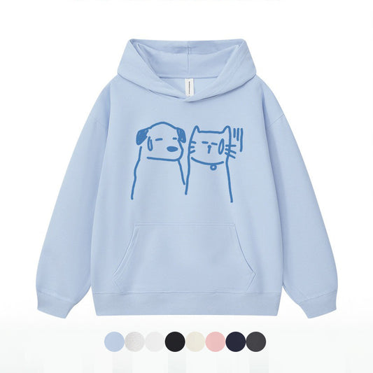 8カラー | S~3XL【トップス】猫犬イラスト 手描き風アメリカンプリント ヘビーウェイト フードパーカー ユニセックス ペアOK【FCシリーズ】