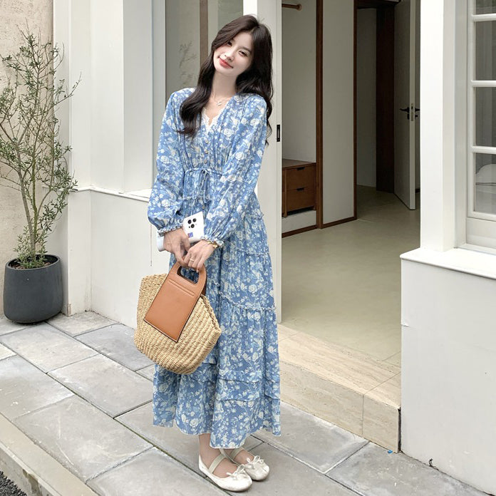 【ワンピース】フレンチエレガント レース Vネック 花柄長袖ワンピース 春秋 優しい雰囲気 超おしゃれ 若見え【SHシリーズ】