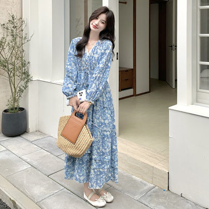 【ワンピース】フレンチエレガント レース Vネック 花柄長袖ワンピース 春秋 優しい雰囲気 超おしゃれ 若見え【SHシリーズ】