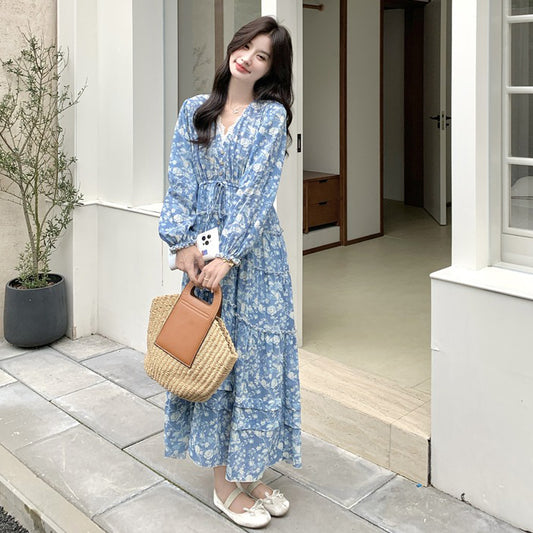 【ワンピース】フレンチエレガント レース Vネック 花柄長袖ワンピース 春秋 優しい雰囲気 超おしゃれ 若見え【SHシリーズ】