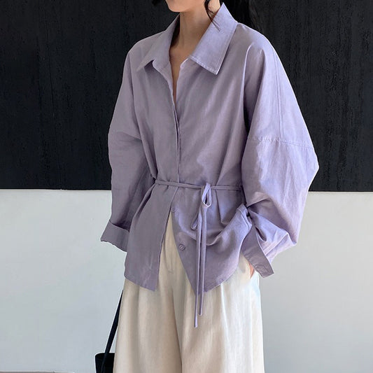 【トップス】ウエストリボン付きシャツ ゆったりシルエットで体型カバー＆着回し力抜群の通勤トップス【JZシリーズ】