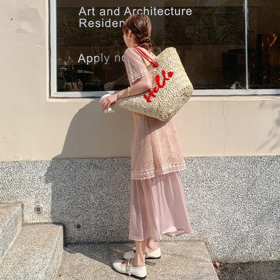 【ワンピース】レース 透かし編み 切り替え ドッキング風 半袖ワンピース レディース 夏新作 甘め上品 ロング丈ドレス【JZシリーズ】