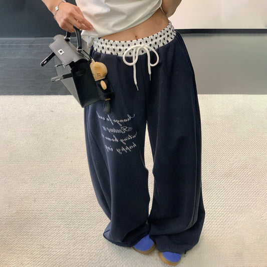 【ボトムス】リラックス感 ドレープ刺繍 配色デザイン ストレート スウェットパンツ レディース きれい見え カジュアル【FCシリーズ】