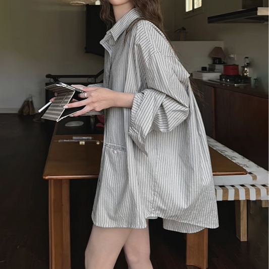 【トップス】カジュアル ヴィンテージストライプ ゆったり 長袖 日焼け防止シャツ【JZシリーズ】