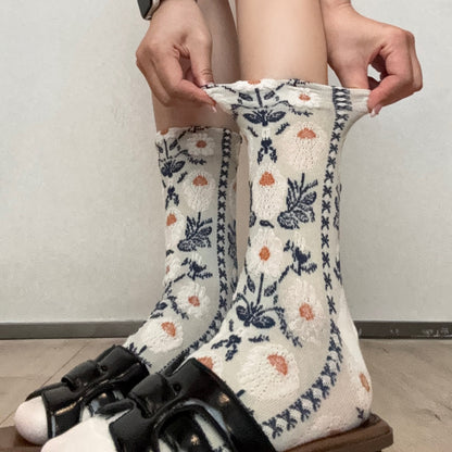 【インナー】レトロフラワーソックス レディース 立体花柄 ジャカード編み 上品デザイン ヴィンテージスタイル