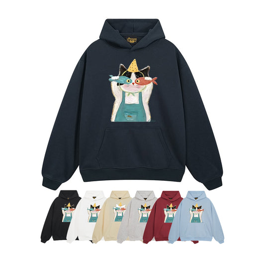 【トップス】🐱アメリカンストリート猫プリントパーカー ユニセックス コットン オーバーサイズ 秋冬コーデ【FCシリーズ】