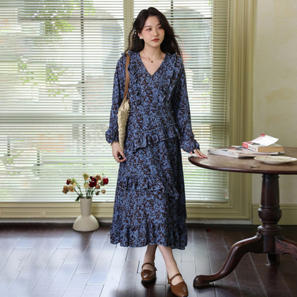 【ワンピース】2025秋新作 Vネック花柄 長袖ワンピース 体型カバー ゆったり細見え【SHシリーズ】