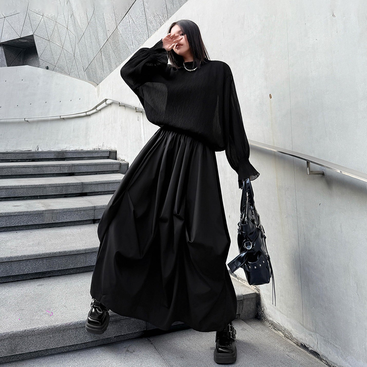 【ボトムス】日系ダーク風 切替 プリーツ ハイウエスト スカート ゆったり 美脚  万能 ロングスカート【AHシリーズ】