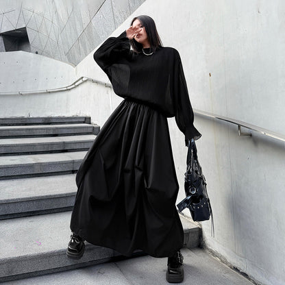 【ボトムス】日系ダーク風 切替 プリーツ ハイウエスト スカート ゆったり 美脚  万能 ロングスカート【AHシリーズ】