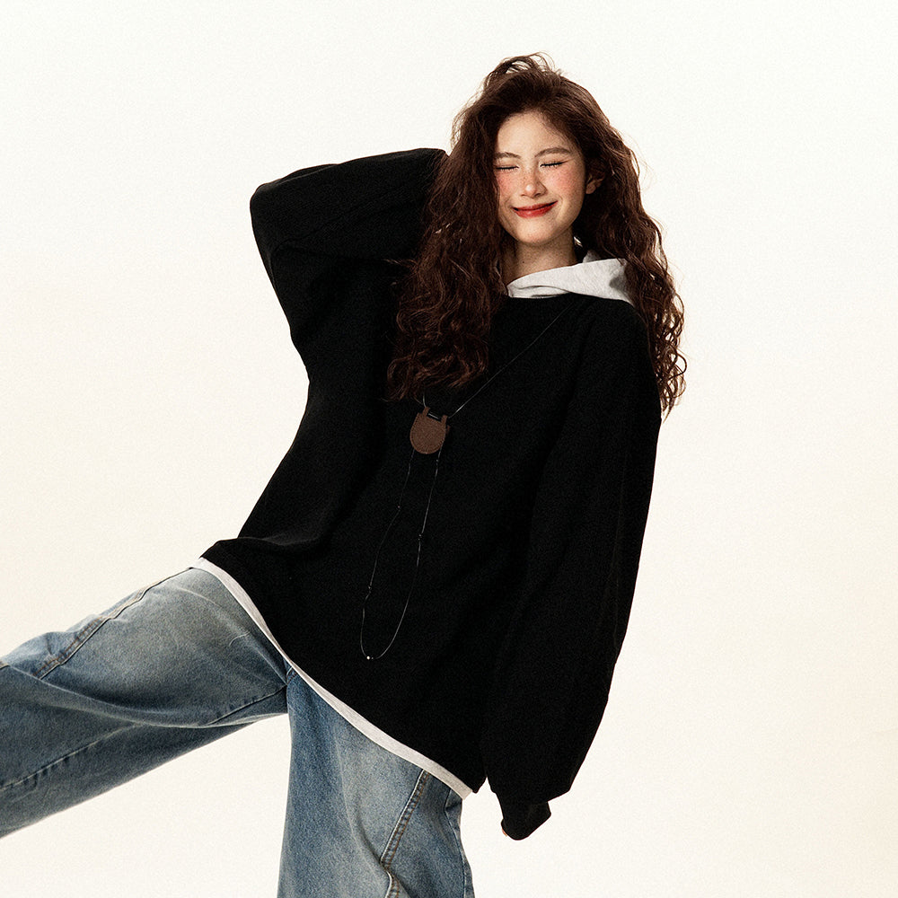 【トップス】フェイクレイヤード フードパーカー 春秋 男女兼用 ゆったり カジュアル トップス【FCシリーズ】