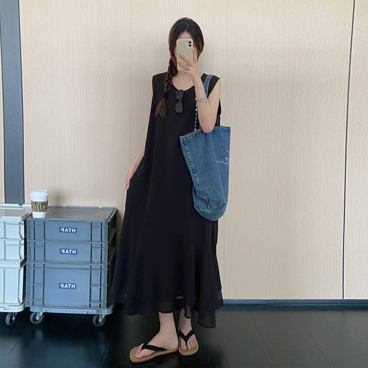 【ワンピース】フェイクレイヤードワンピース レディース 夏 ノースリーブ 重ね着風デザイン ロングワンピース こなれ感【JZシリーズ】