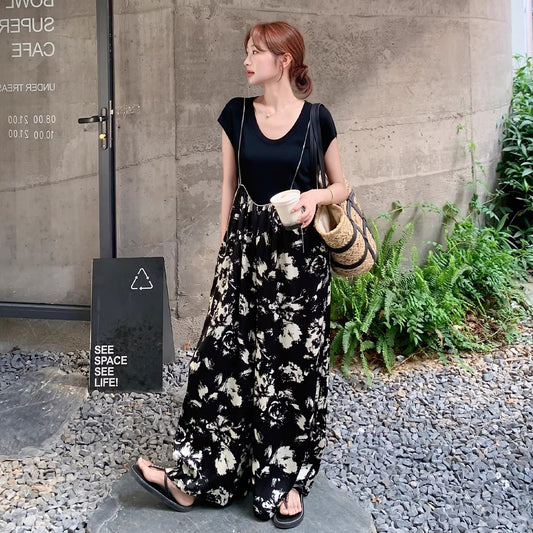 2点セット！【セットアップ】Tシャツ＋サロペット 上下セット レディース 夏 ワイドパンツ オールインワン ゆったり 体型カバー カジュアル【SHシリーズ】