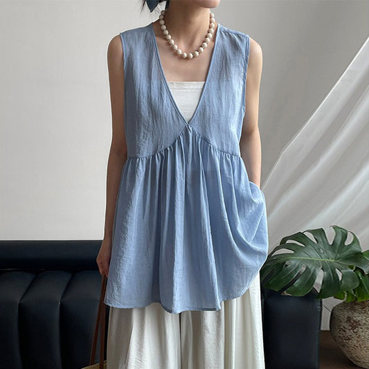 【トップス】韓国風 シンプル Vネック ノースリーブ ベビードールブラウス【JZシリーズ】