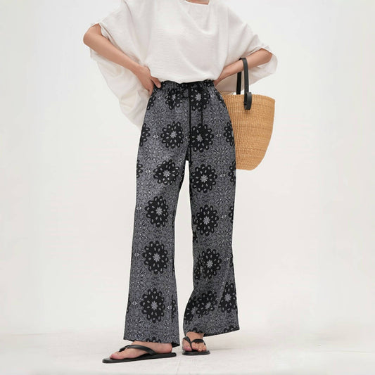 【ボトムス】【15日内発送】夏 アセテート ウエストゴム 九分丈 パンツ 【SHシリーズ】