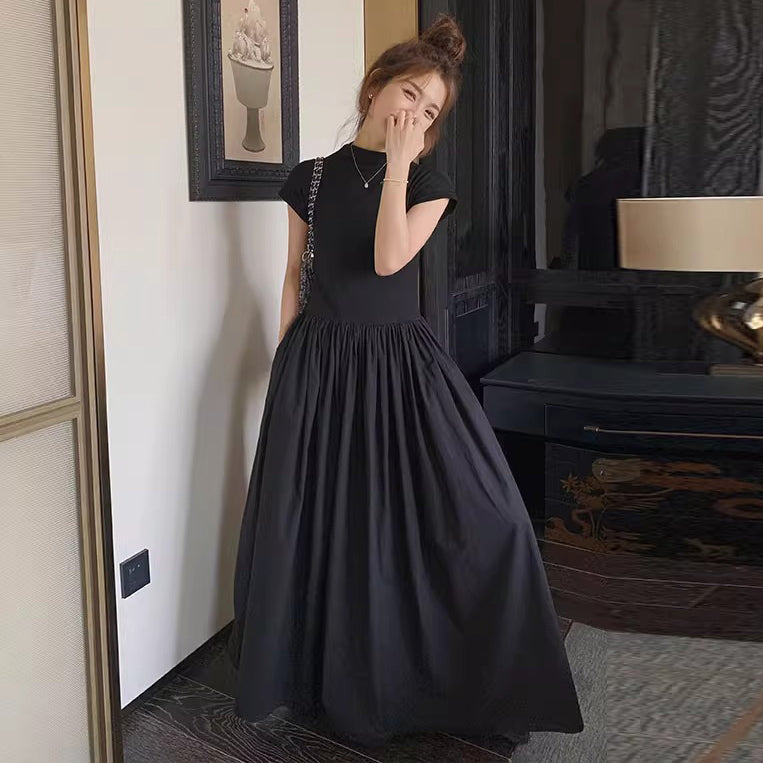 【ワンピース】高級感タイトロングワンピース 夏 フレンチ風 細見え気質 半袖黒ワンピ【JZシリーズ】