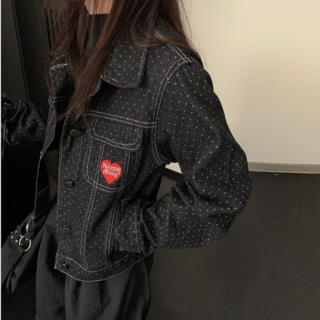【アウター】ドット柄 ショート丈 刺繍 デニムジャケット 【FCシリーズ】