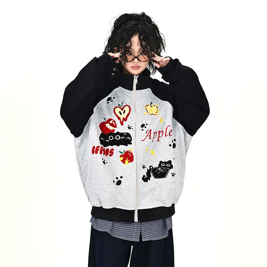 【アウター】アメリカンレトロ プリント アップル キャット 男女兼用 ジャケット【FCシリーズ】