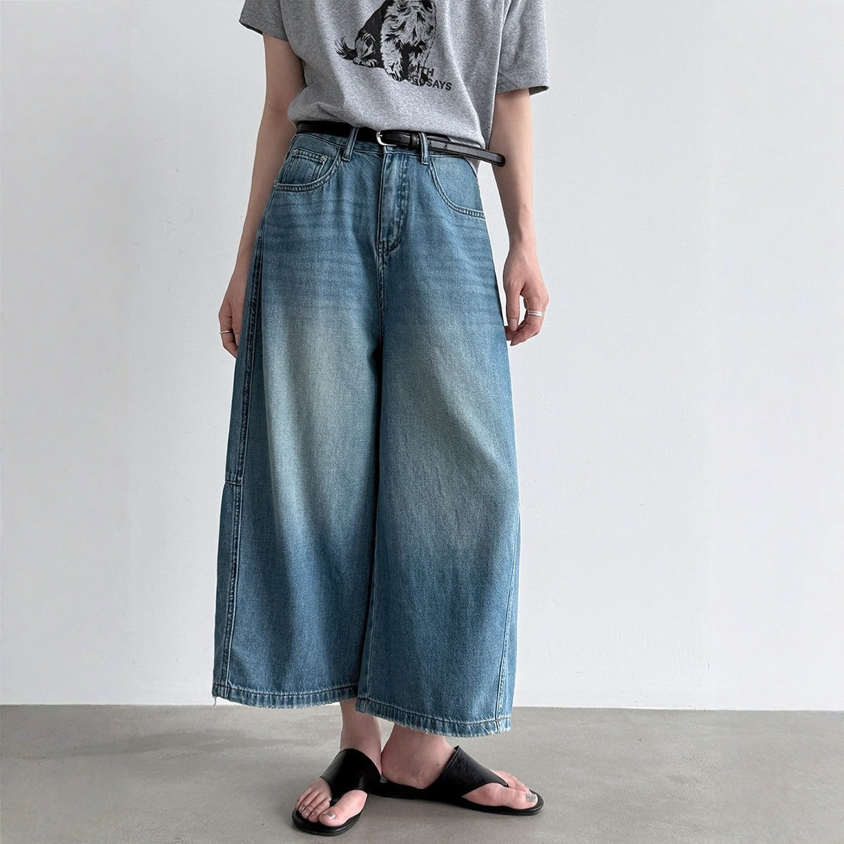 【ボトムス】ベルト付き ウォッシュドデニム ワイド クロップドパンツ 【JZシリーズ】