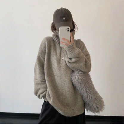 【トップス】ボタン装飾 ハイネック プルオーバ ニット セーター 【FCシリーズ】