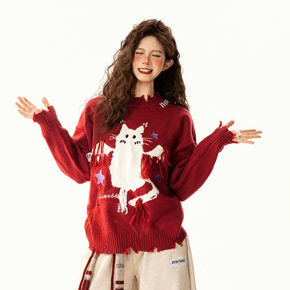 【トップス】レトロ 猫柄ジャカード クルーネック ニット レディース フリンジデザイン ゆったり 着回し セーター【FCシリーズ】