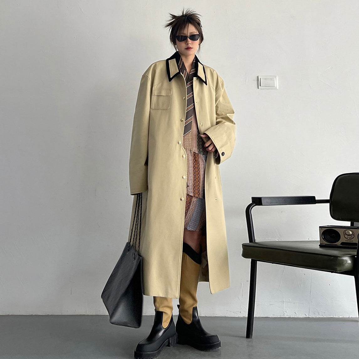 【アウター】春秋新作 INS風 ミドル丈 デザイン感 不規則 カーキ トレンチコート レディース【FCシリーズ】