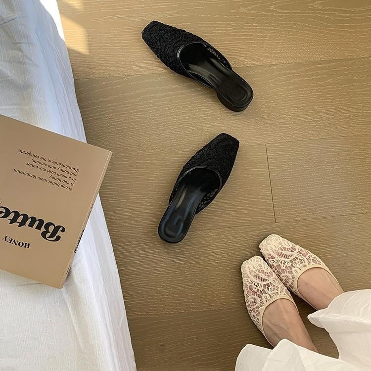 【シューズ】チュール×メッシュ♡抜け感バブーシュサンダル｜スカートに似合う上品フラット