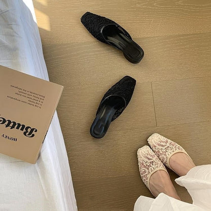 【シューズ】チュール×メッシュ♡抜け感バブーシュサンダル｜スカートに似合う上品フラット