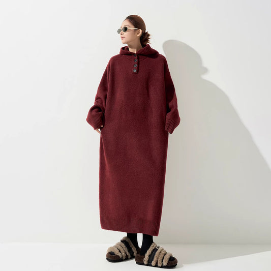 【ワンピース】フード付き ニット長袖ワンピース レディース 秋冬 韓国風 ルーズ 体型カバー ロング丈【FCシリーズ】【15～20日内発送】