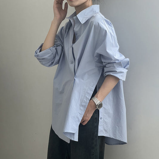【トップス】秋新作 韓国風 ミニマル 長袖 シャツ｜斜めボタン×シンプル美シルエット｜【SNシリーズ】