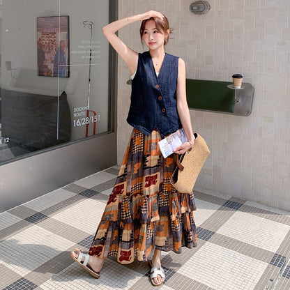 【セットアップ】レトロ デニム Vネックベスト×花柄スカート 上下セット フェミニン 上品 体型カバー おしゃれ トレンドコーデ 2点セット
【SHシリーズ】
