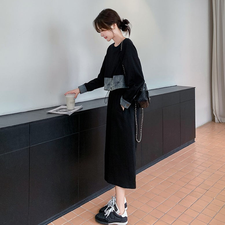 【ワンピース】 春秋 韓国風カジュアル デニム切り替え風フェイクレイヤード 長袖ワンピース レディース 【JZシリーズ】